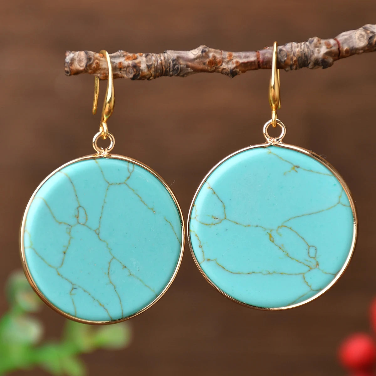 Yumfeel 1Pair Boho Colorful Natural Stone Dangle Earring Turquoise Round Teardrop Earring Retro Elegant Women Banquet Jewelry