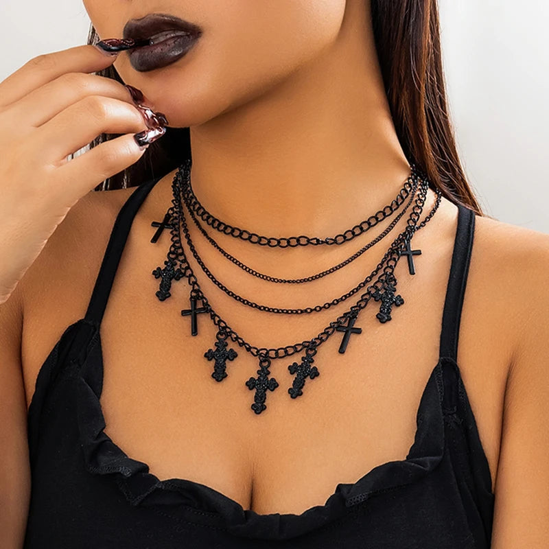 4Pcs Goth Black Cross Jesus Tassel Pendant Choker Necklace for Women Punk Metal Clavicle Chain Halloween Jewelry Y2K Accessories