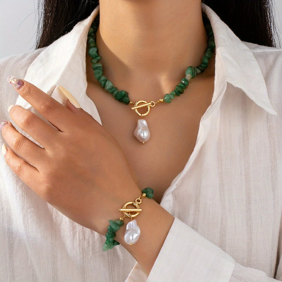 Boho Green Natural Stone Baroque Pearl Jewelry Set 13 Colors Toggle Clasp Necklace Bracelet For Women Fashion Gift - Charlie Dolly