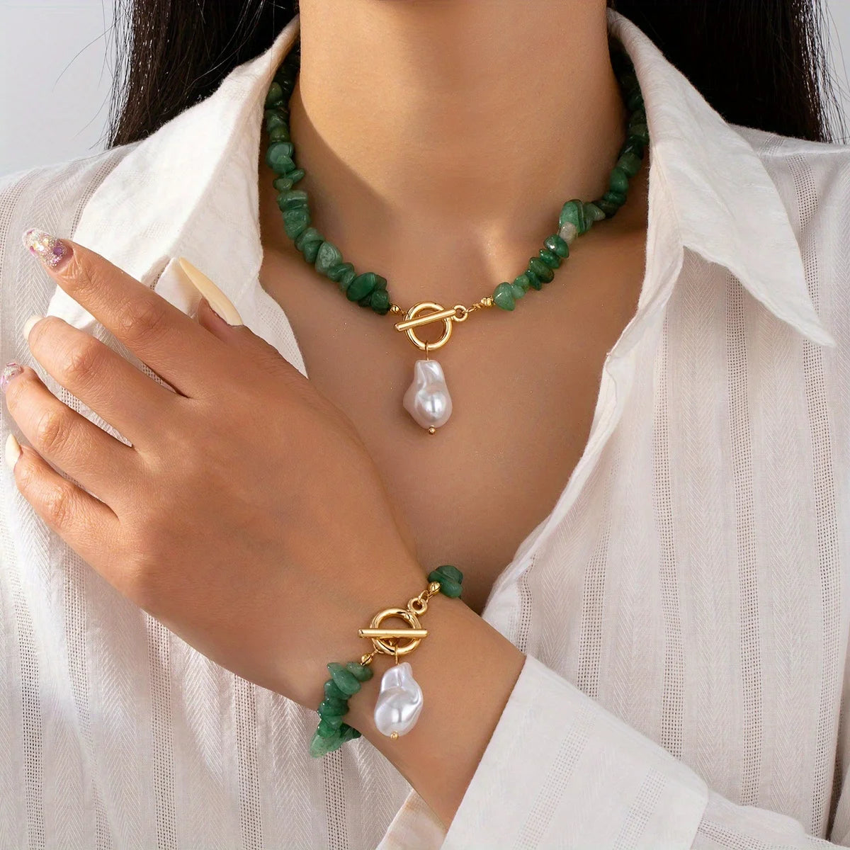 Boho Green Natural Stone Baroque Pearl Jewelry Set 13 Colors Toggle Clasp Necklace Bracelet For Women Fashion Gift