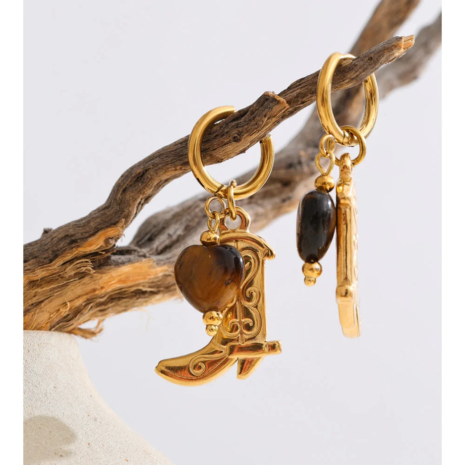 Natural Tiger Stone Boot Charm Drop Hoop Earrings, Stainless Steel Vintage Jewelry
