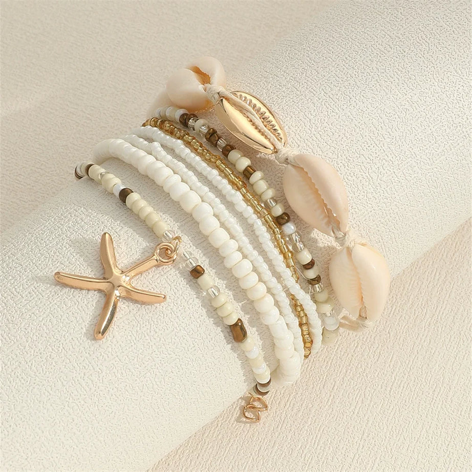 Shell and Starfish Rice Bead Handmade Boho Anklet