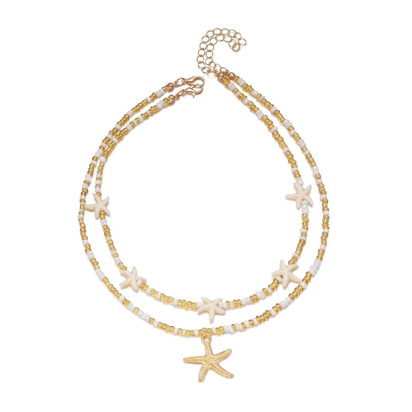 Dainty Shell, Starfish and Rice Bead Layered Clavicle Necklace