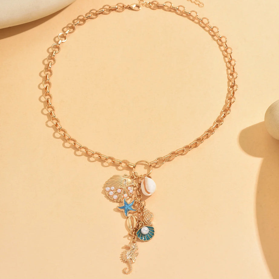 Chunky Gold Ocean Charm Boho Necklace