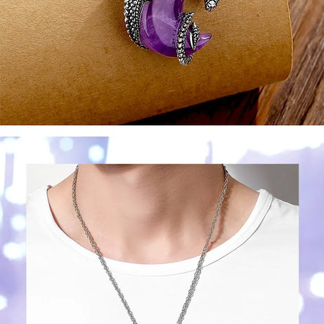 Natural Amethyst Dragon Crescent Moon Pendant Necklace, Healing Crystal Talisman