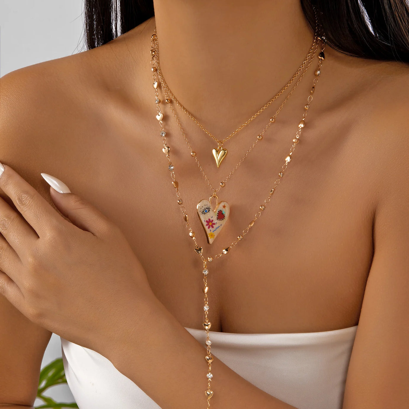 Crystal Tassel Heart Pendant Layered Choker Necklace Jewelry