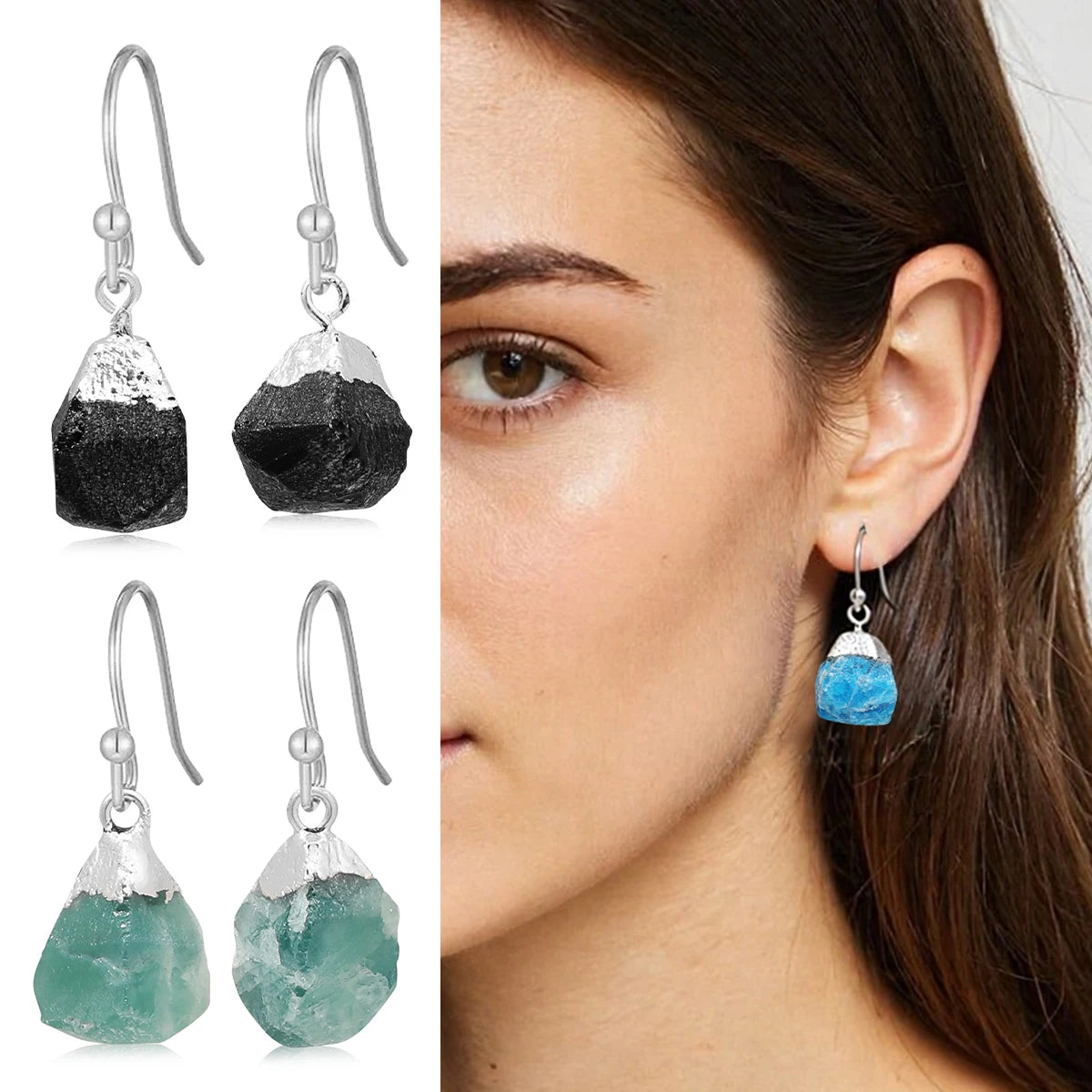 Irregular Rough Raw Ore Natural Stone Earrings Fluorite Amethysts Quartz Crystal Agates Stainless Steel Hook Earrings