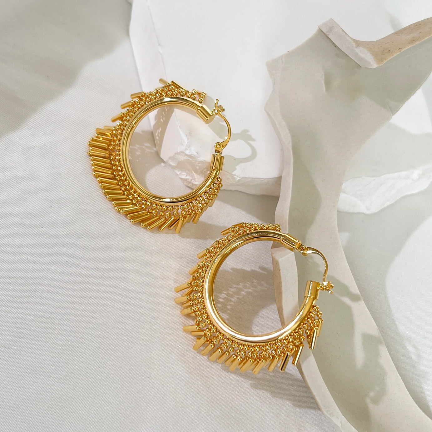 Gold Bead Bar Tassel Hoop Huggie Earrings Jewelry