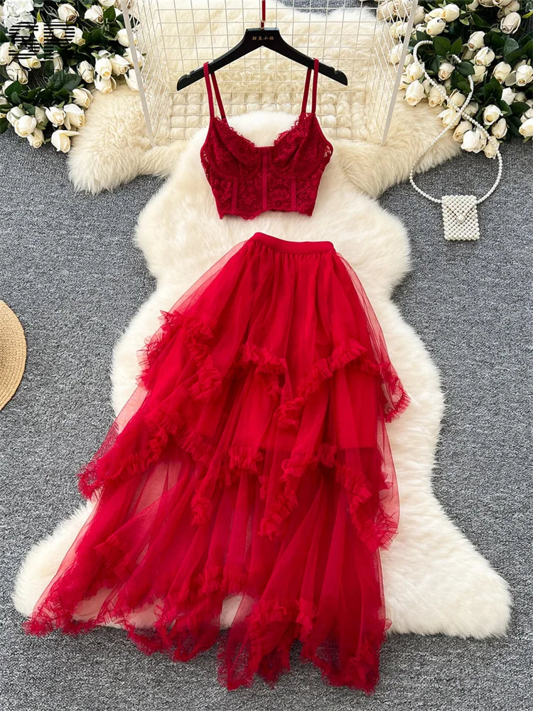 SINGREINY Sexy Lace Two Pieces Suits Women Sleeveless Strapless Camisole+Irregular Elastic Waist Skirt Fashion Gauze Party Sets - Charlie Dolly