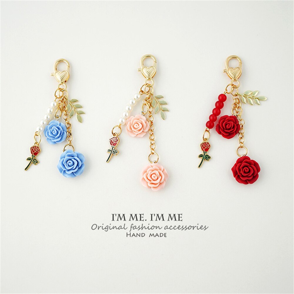 8colors 3D Rose Camellia Keychain Women Girls Sweet Pearl Tassel Flower Keyring With Metal Leaf For Earphone Case Bag Decoration - Charlie Dolly