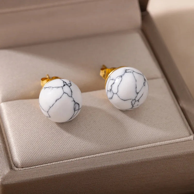 1 Pair Natural Stone Stud Earrings For Women Men Round Turquoises Tiger Eye Lapis Lazuli Beads Earring Fashion Jewelry Gift