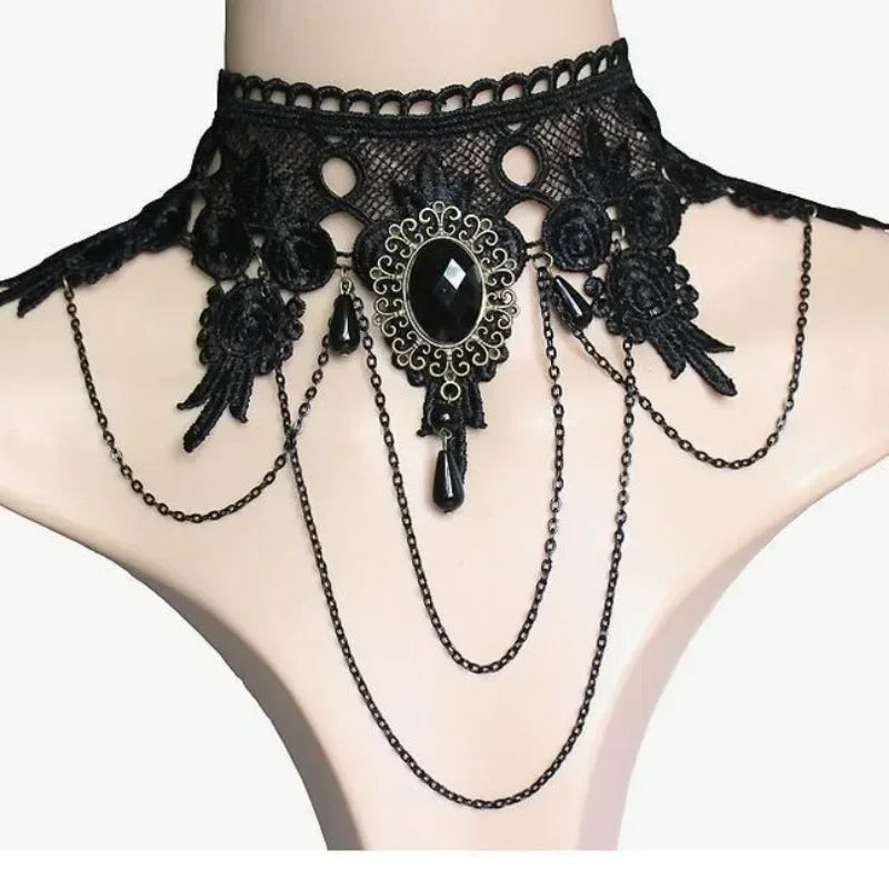 NEW Gothic Victorian Black Water Drop Pendant Lace Necklace Women Girl Tassel Steampunk Style Halloween Jewelry Earings for Girl