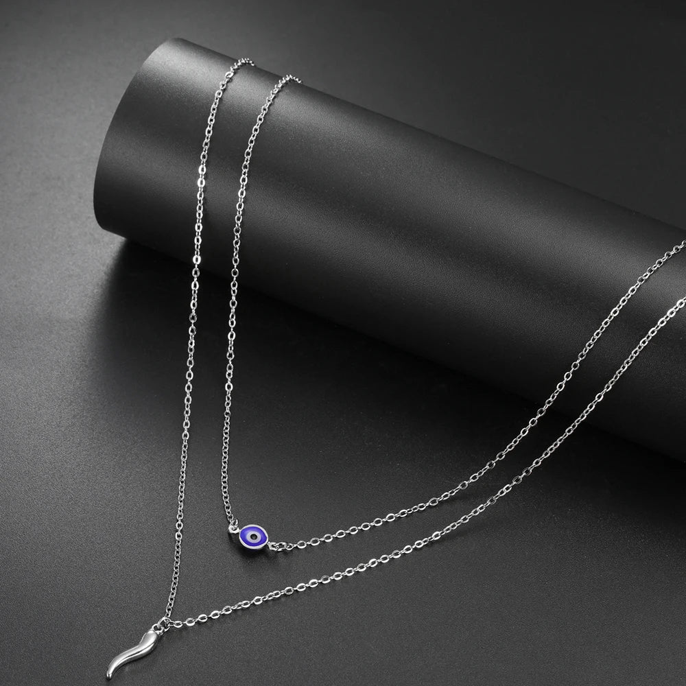 Dawapara Italian Horn and Blue Evil Eye Charm Necklace Double Layer Women Necklace Spiritual Protection Amulet Religious Jewelry