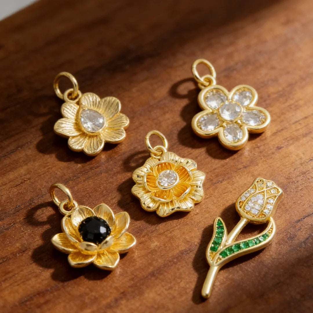4Pcs Pendants Sparkling Elegant Brass Zirconia Lotus Tulip Flower Charms DIY Jewelry for Necklace Bracelet Daily Party Accessory