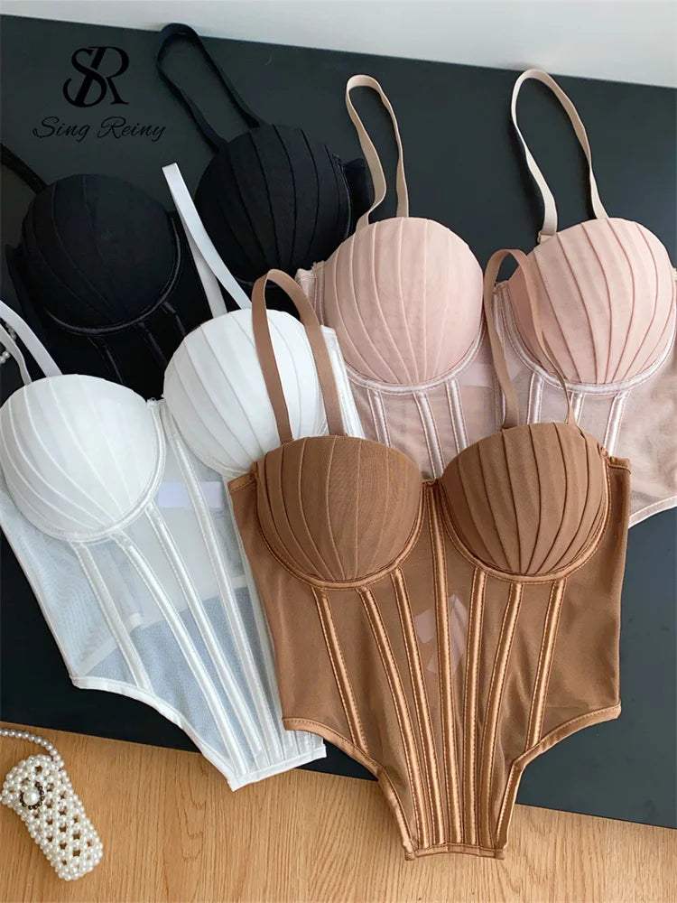 SINGREINY Fashion Solid Corset Lingerie Top Ladies Strap Sheer Mesh Slim Camisole American Retro Backless Beach Sexy Tank Top - Charlie Dolly