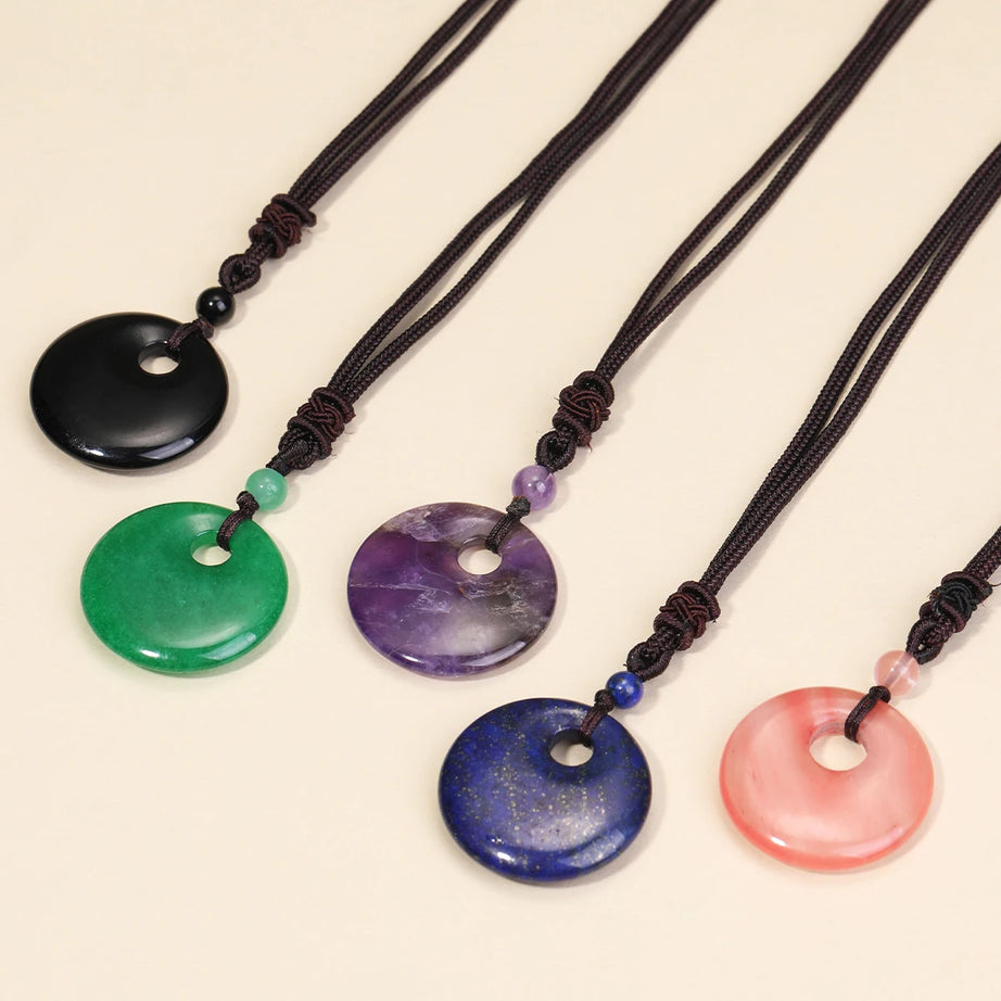Natural Gemstone Chinese Peace Knot Pendant Necklace, Sacred Blessing Amulet