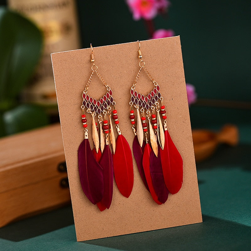 Bohemian Ethnic Feather Women's Earrings Long Drop Dangle Wedding Jewelry Indian Gold Color Handmade Beaded Earrings Pendientes - Charlie Dolly