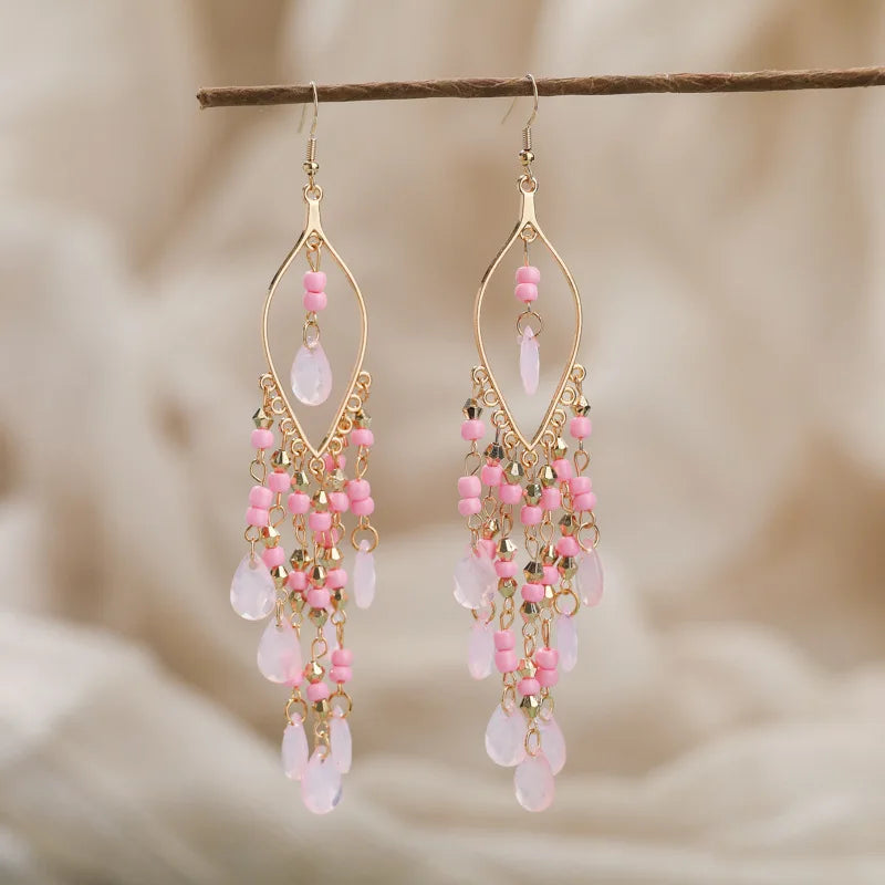 Boho Ethnic Seed Beads Long Earrings For Women Colorful Crystal Tassel Dangle Drop Earring Girls Fashion Party Jewelry
