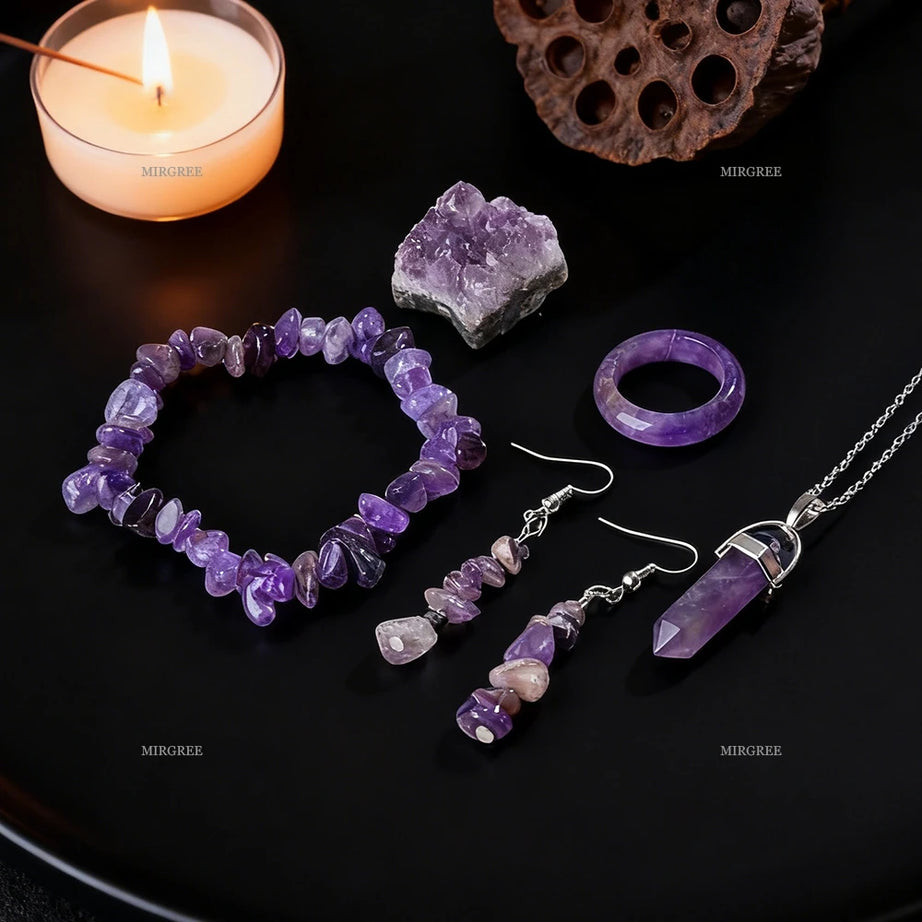 Natural Amethyst 5-Piece Crystal Set, Bracelet Necklace Ring & Earrings Healing Gift