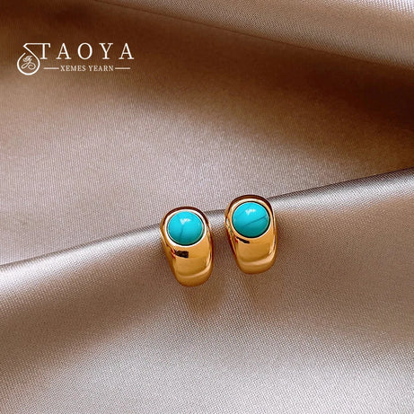 Natural Turquoise Curved Earrings, Gold Copper Casual Elegant Boho Jewelry