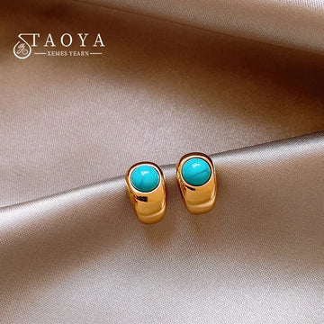 2025 New Design Natural Turquoise Metal Copper alloy Curved Earrings For Women's Casual and Elegant Jewelry Fashion Accessories