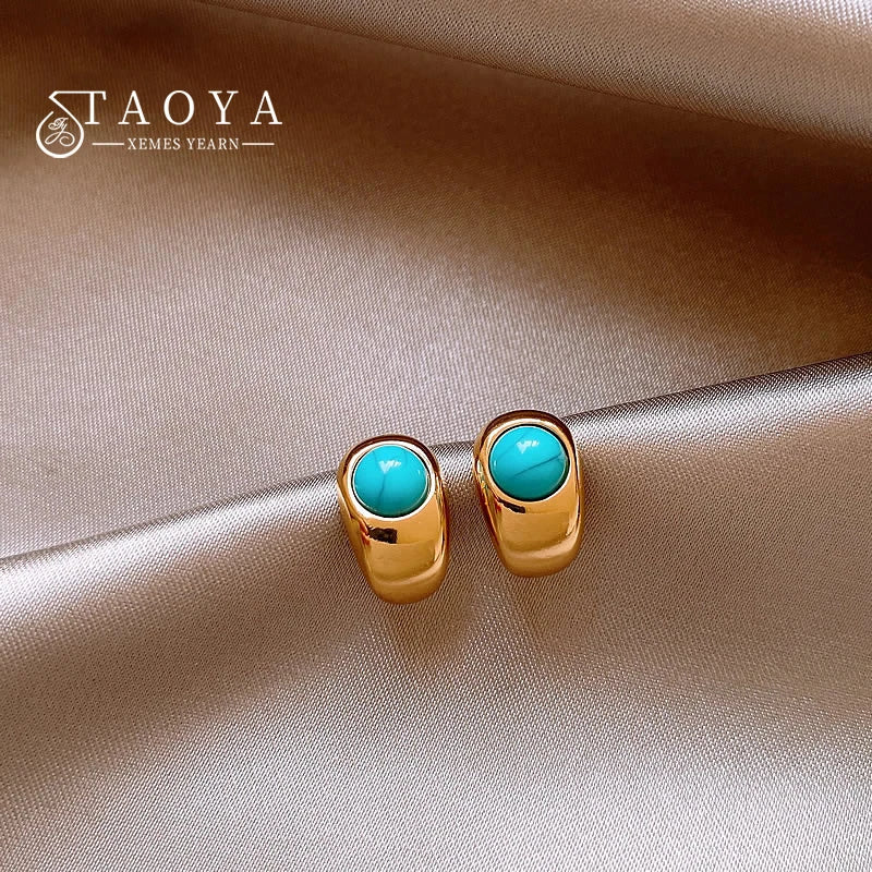 2025 New Design Natural Turquoise Metal Copper alloy Curved Earrings For Women's Casual and Elegant Jewelry Fashion Accessories