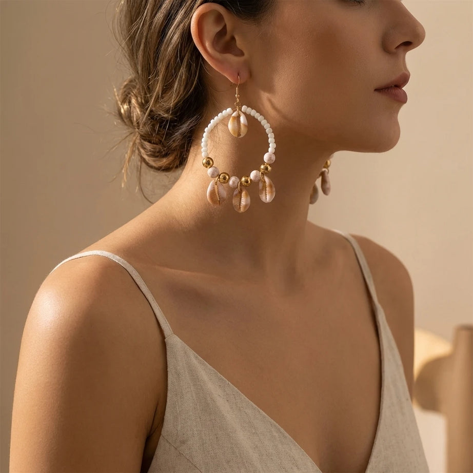 Woven Hoop Spotted Shell Drop Earrings Jewelry