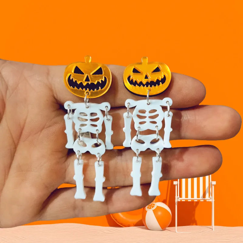 2024 New Skeleton Pumpkins Halloween Earrings Women Hallowmas Costume Cosplay Skull Heart Axe Black Bat Acrylic Drop Earring - Charlie Dolly