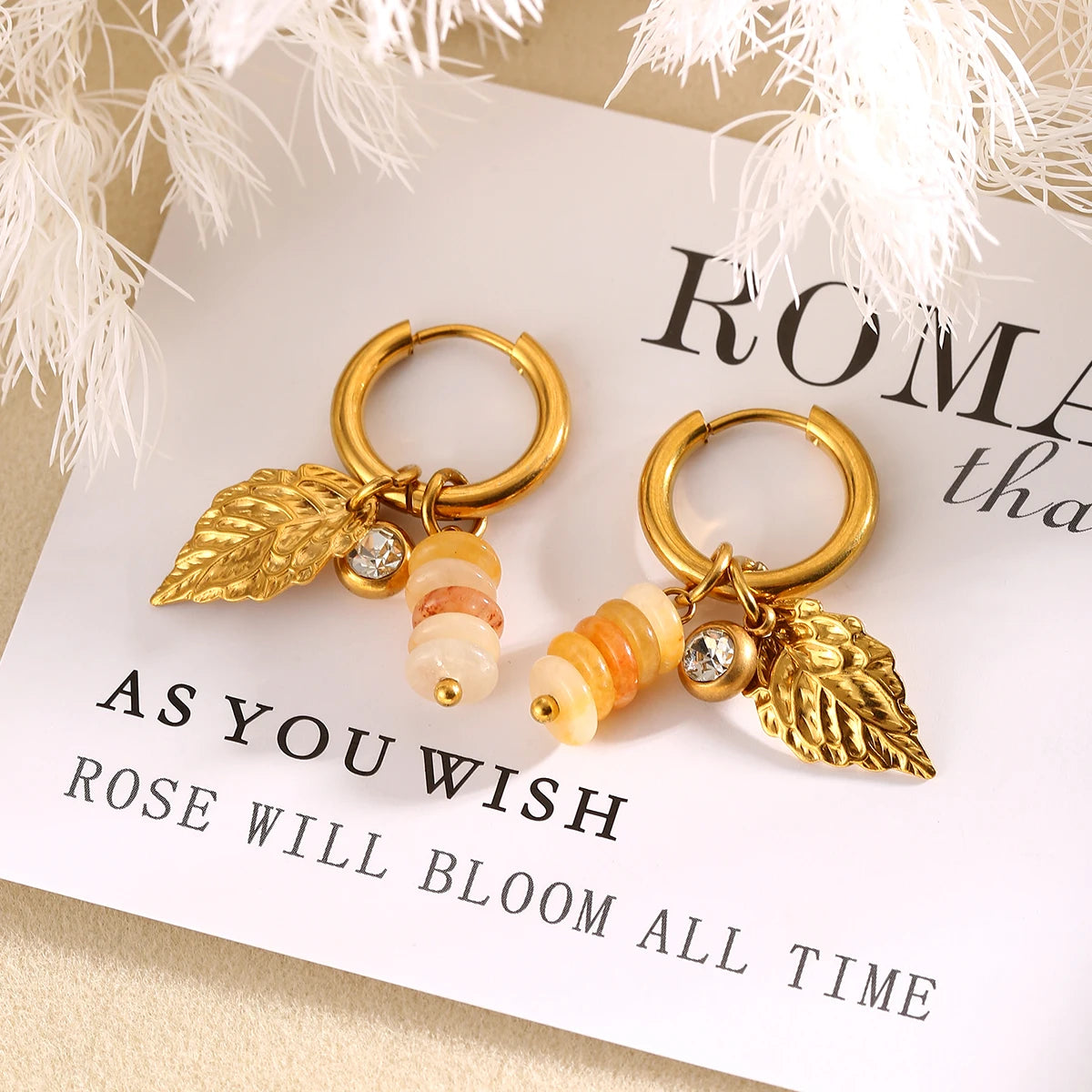 Jolivie Stainless Steel Natural Stone Earrings Women Bohemia Vintage Hoop Earrings for Women Ear Trendy Jewelry Gift