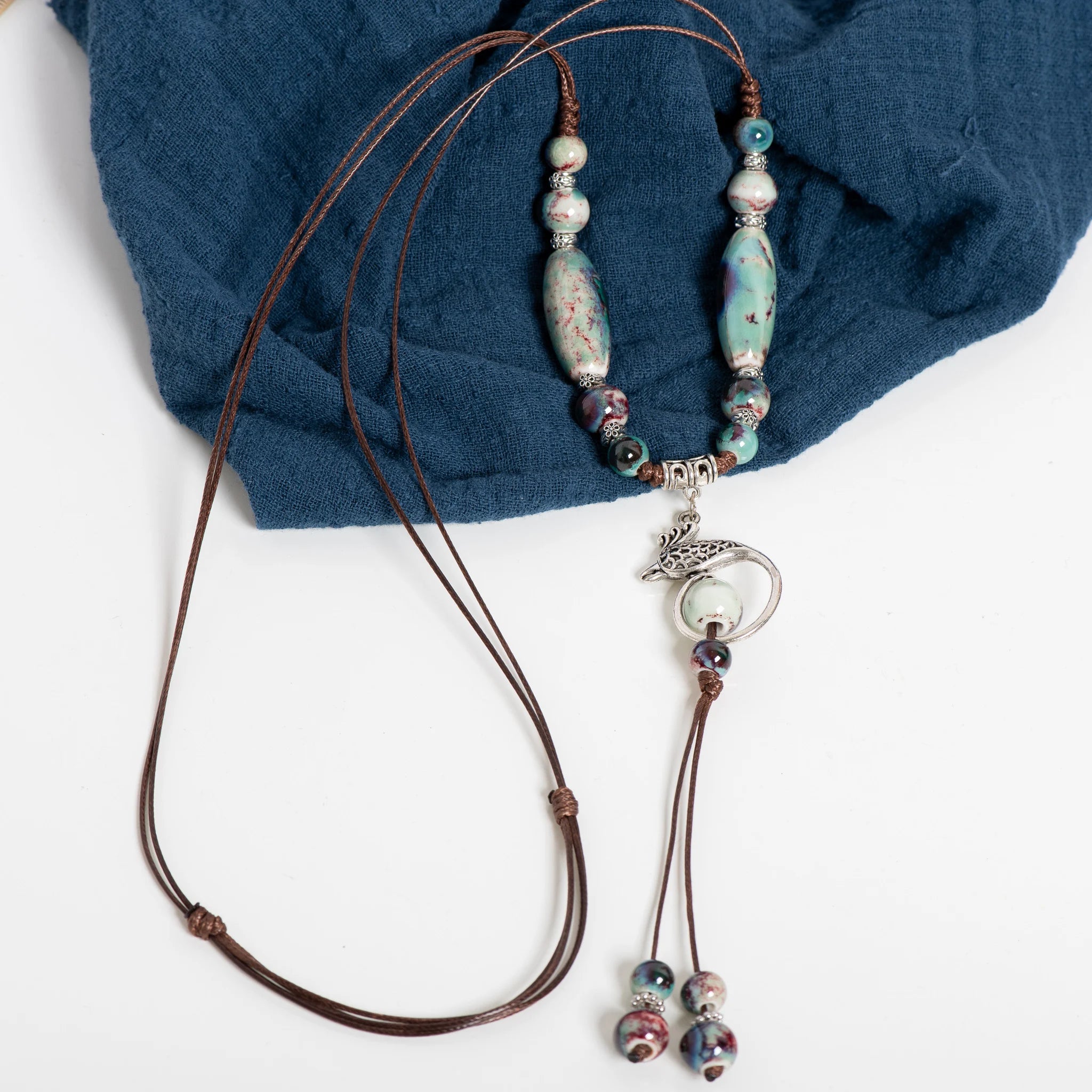 Phoenix Ceramic Bead Long Tassel Necklace Jewelry