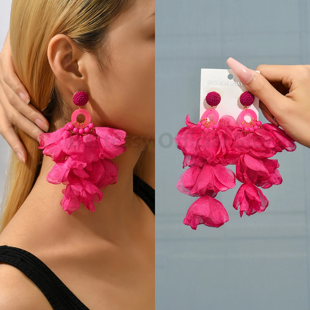 Boho Multicolor Cotton Flower Petal Dangle Earrings For Women Luxury Elegant Handmade Beaded Tassel Ear Pendant Fashion Jewelry
