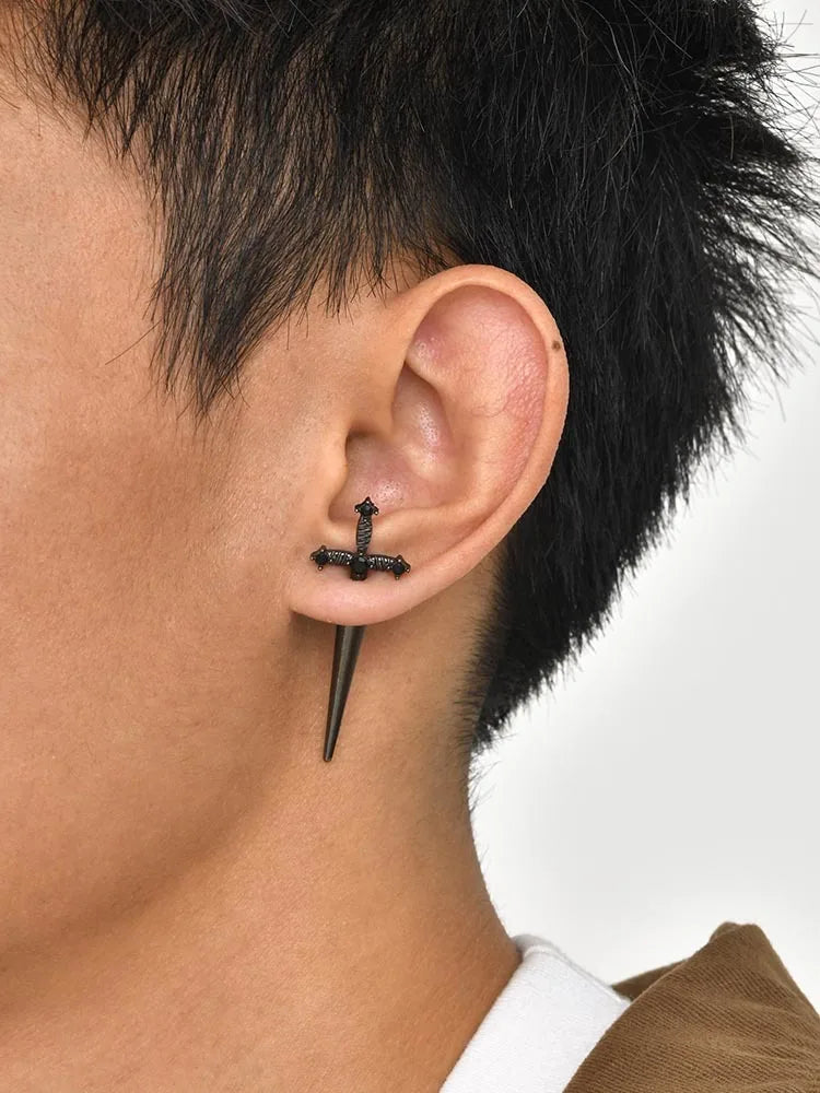 Gothic Sword Shaped Earrings for Men Boys,Metal Black Stone Cross Studs Earrings,Rock Punk Jewelry Anniversary Birthday Gifts - Charlie Dolly