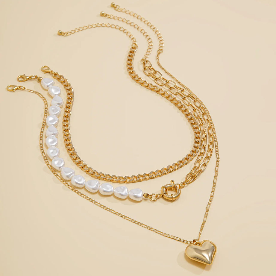 Heart Pendant Pearl Multilayer Necklace Jewelry
