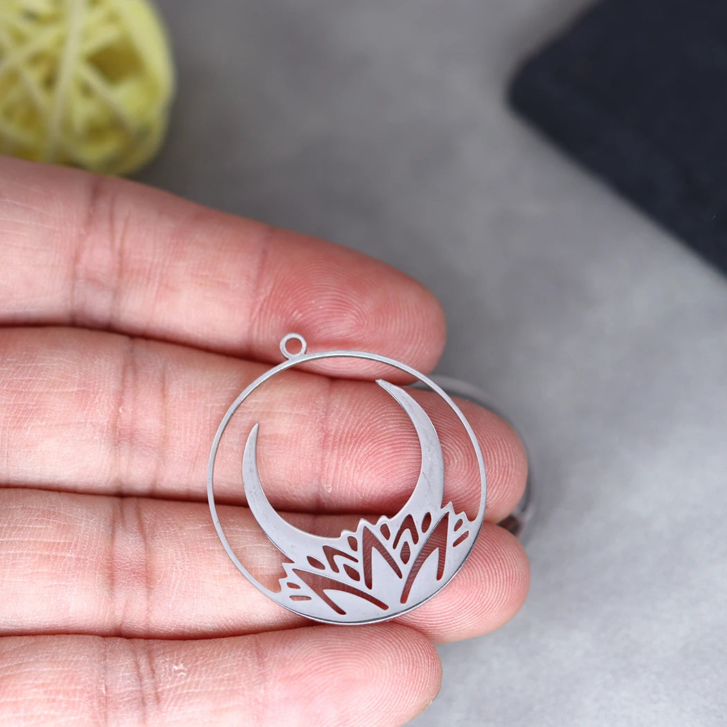 3pcs Exquiaite Amulet Moon Lotus Flower Charms DIY Craft Earrings Necklace Jewelry Making Yogo Buddhism Stainless Steel Pendant