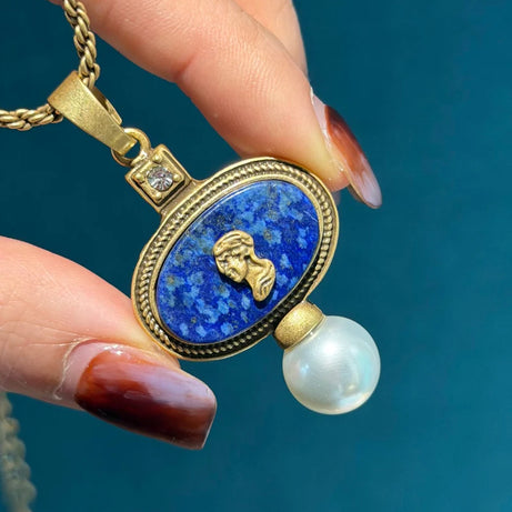 Vintage Cameo Jewelry Set Woman Avatar Pendent Pearl Necklace Lapis Lazuli Stud Earrings Blue Natural Stone Wedding Party 2026 - Charlie Dolly