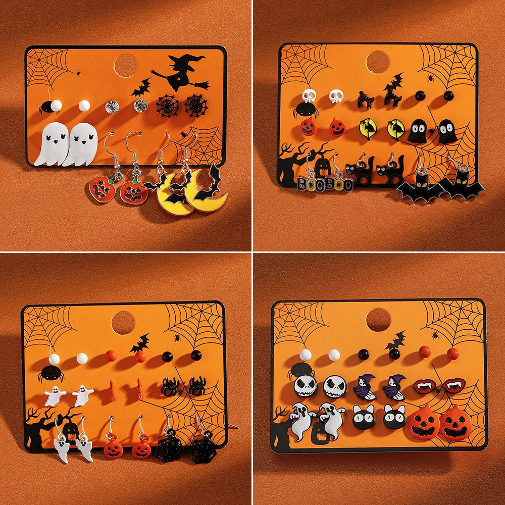 18PCS/Set Halloween Earrings Ghost Witch Pumpkin Boo Bat Spider Skull Vampire Cartoon Funny Style Cosplay Jewelry to Friend Gift