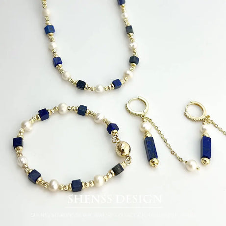 Natural Freshwater Pearl Necklace 4X4 lapis lazuli Bracelet Earring Plated 14K Gold Accessories - Charlie Dolly