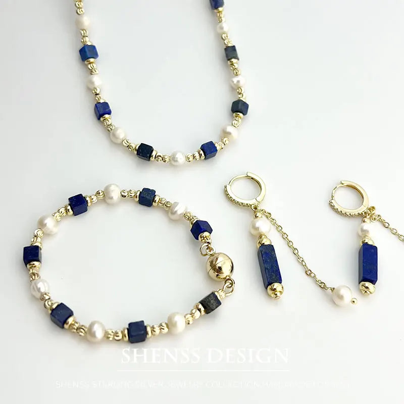 Natural Freshwater Pearl Necklace 4X4 lapis lazuli Bracelet Earring Plated 14K Gold Accessories