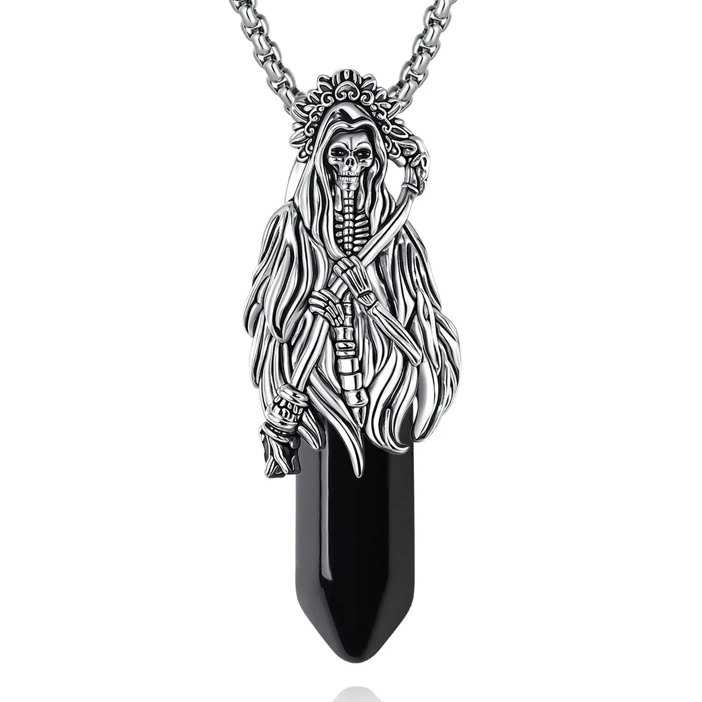Natural Obsidian Santa Muerte Pendant Necklace, Holy Death Healing Crystal Devotional Amulet