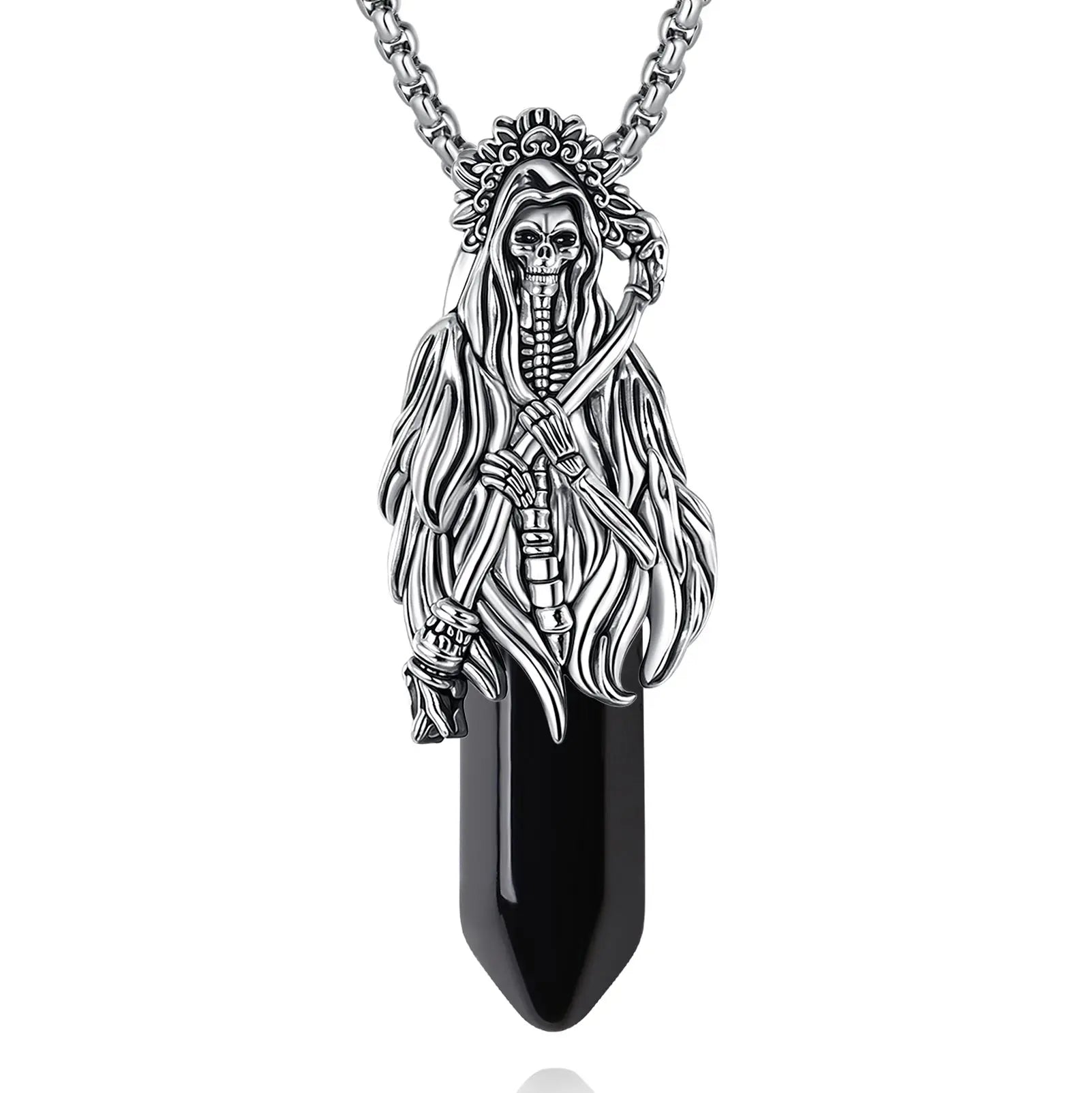 Eudora Obsidian Santa Muerte Necklace Holy Death Scythe Mexican Pendant Healing Crystal Stone Jewelry Spiritual Gift for Women