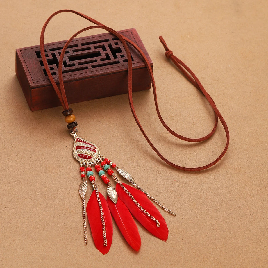 Rope Bead Feather Pendant Long Necklace Jewelry