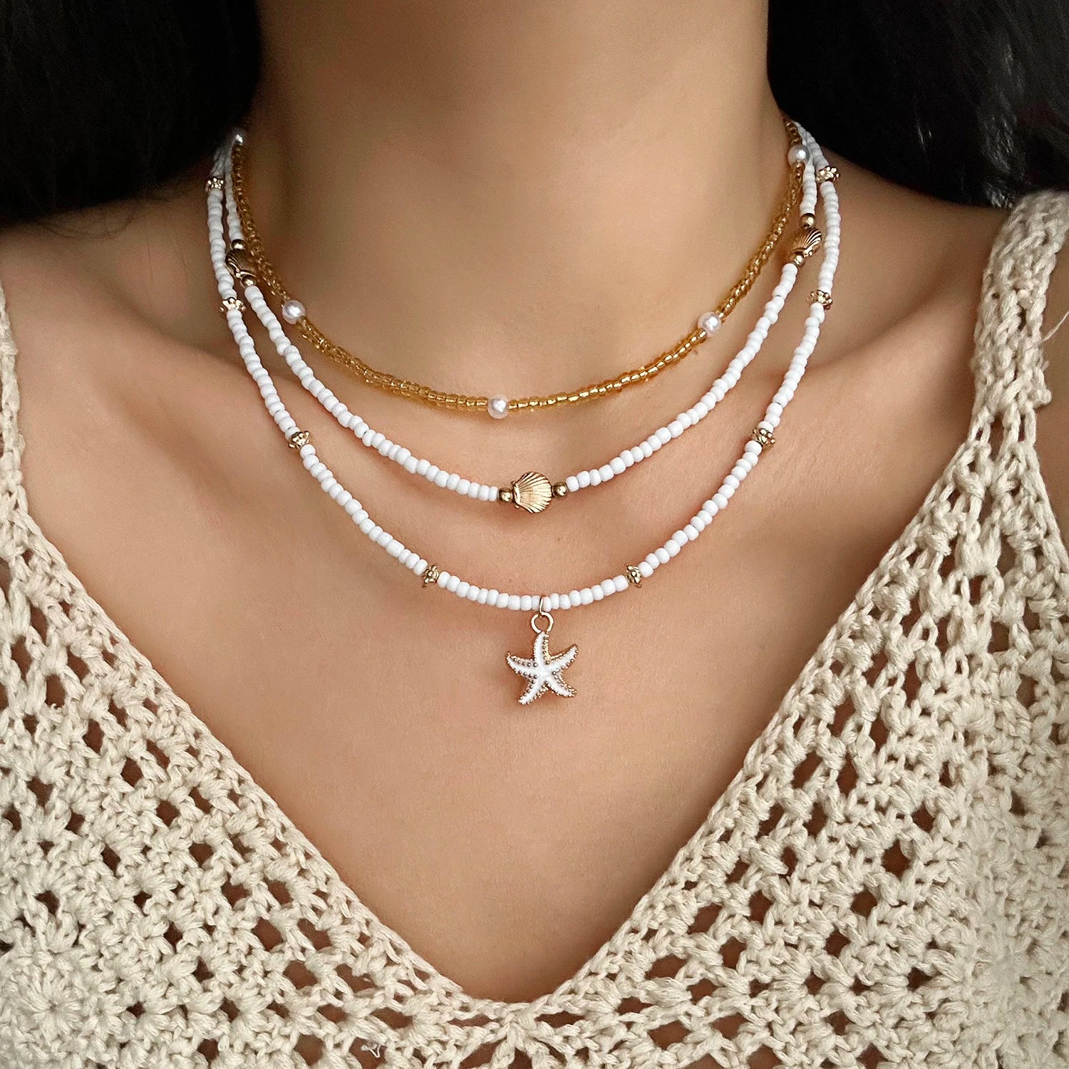 Ocean Inspired Layered Beaded Necklace Set for Women Starfish Shell Pearl Style Boho Beach Jewelry Summer Vacation Accessory