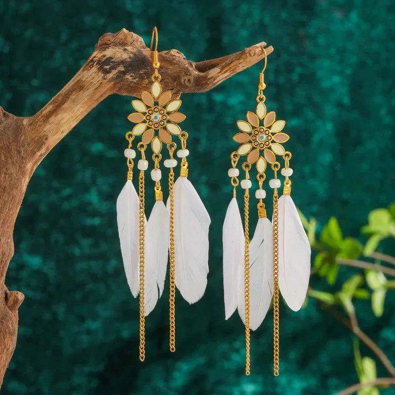Boho Ethnic Colorful Feather Earring For Women Bohemian Tassel Chain Drop Dangle Earring Girls Elegant Party Jewelry