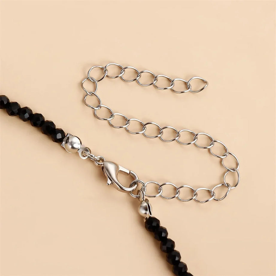 Black Bead Silver Tassel Choker Necklace Jewelry