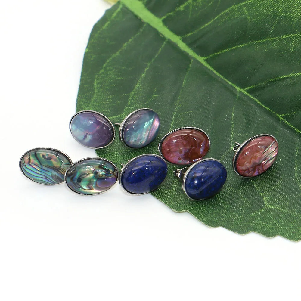 Natural Lapis Lazuli Stud Earrings Oval Shape Imitation Abalone Shell Stainless Steel Simple Ear Jewelry for Women Earring Gifts