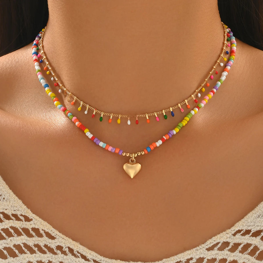 Rainbow Glass Bead Heart Choker Necklace Jewelry