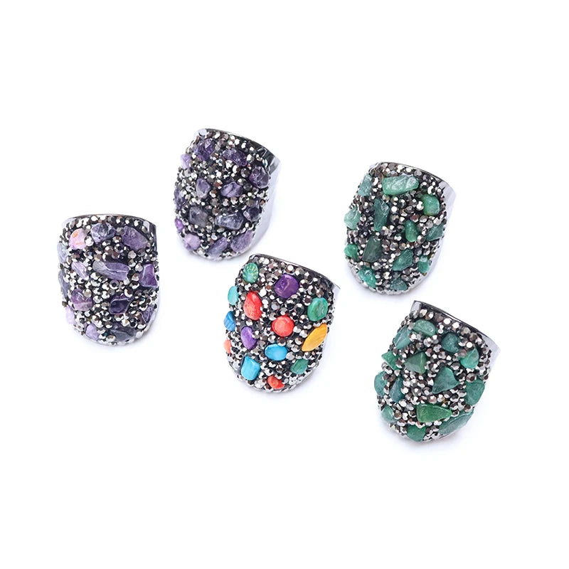Irregular Natural Geode Stone Rings Agate Slices Wide Open Ring for Women Men Boho Resizable Finger Jewelry