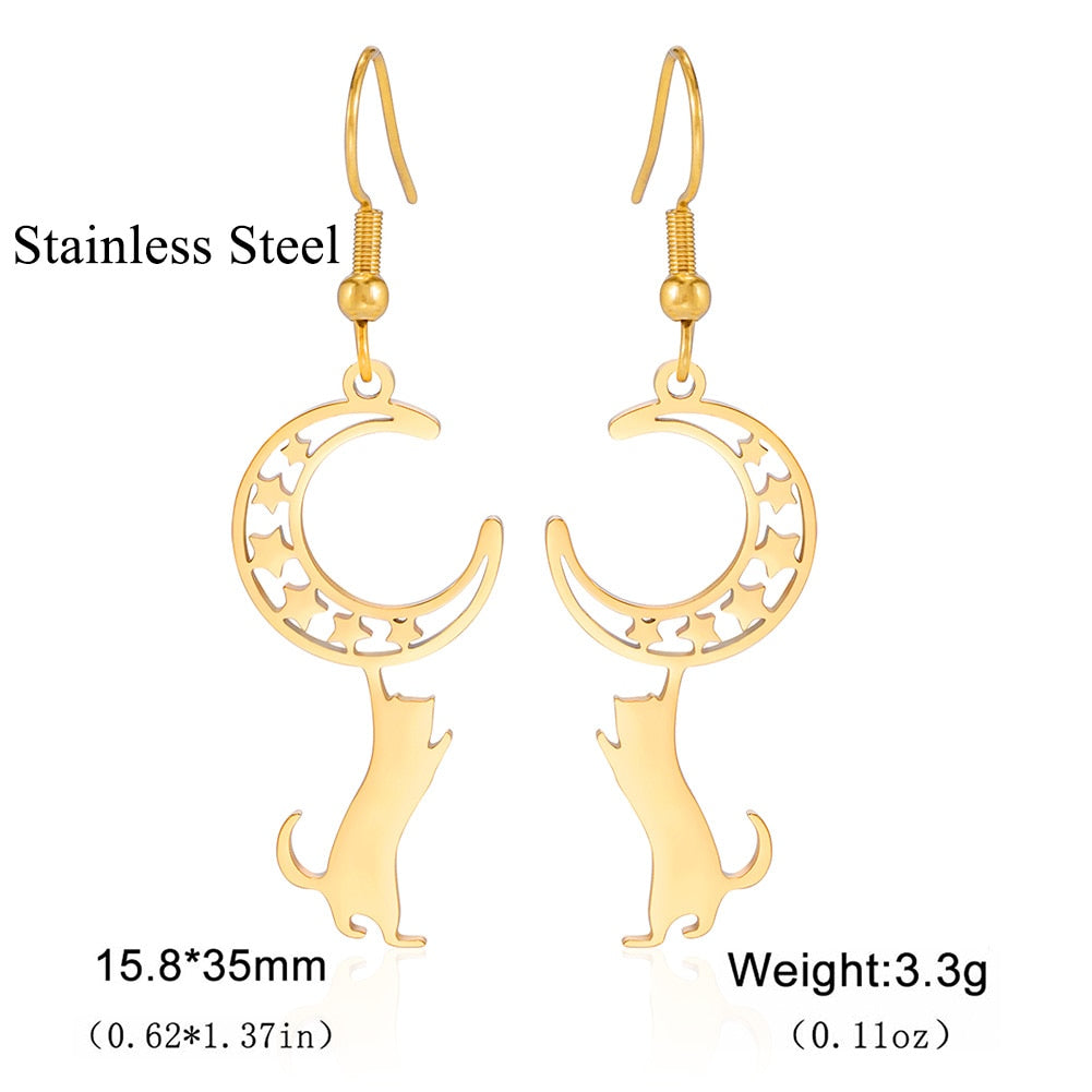 Lucktune Crescent Moon Cat Drop Earrings Stainless Steel Cute Kitten Animal Earrings for Women 2023 Goth Jewelry Birthday Gift - Charlie Dolly