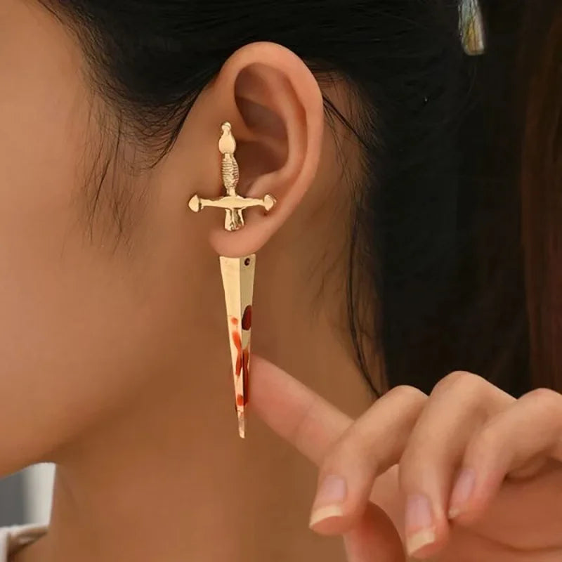 Vintage Dark Gothic Kinitial Sword Earrings For Women Men Dagger Piercing Earring Ear Jacket Punk Goth Halloween Jewelry Gift - Charlie Dolly