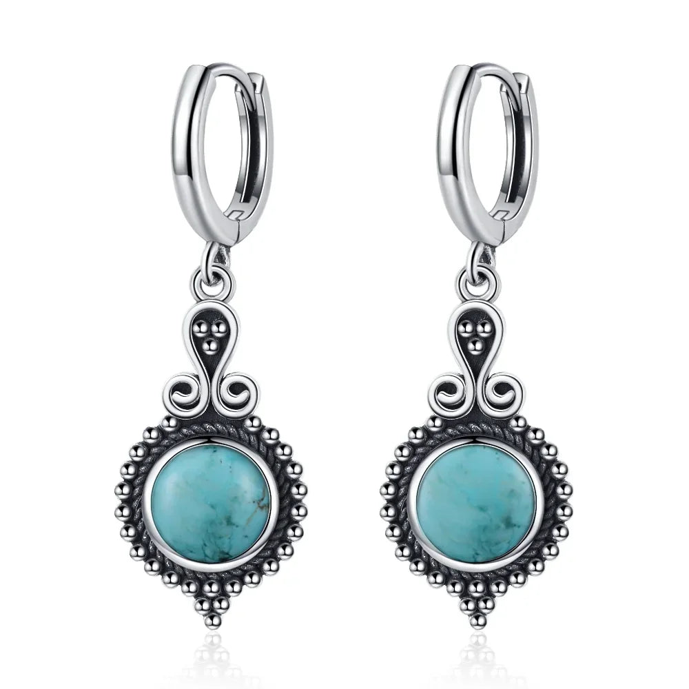 Natural Stone Sun Flower Hoop Earrings for Women, Vintage Antique Silver Turquoise Amethyst Labradorite Dangle Earring Wholesale